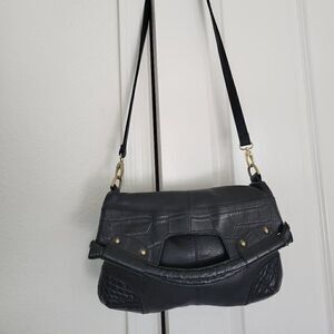 Michael Rome Black Leather Croc-Embossed Shoulder Tote